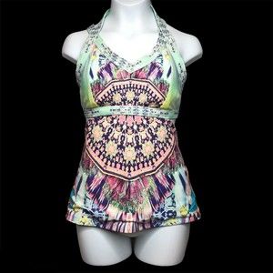 Calia Carrie Underwood Swim Top Size XS CUTOUT TANKINI Boho Purple Pink Blue